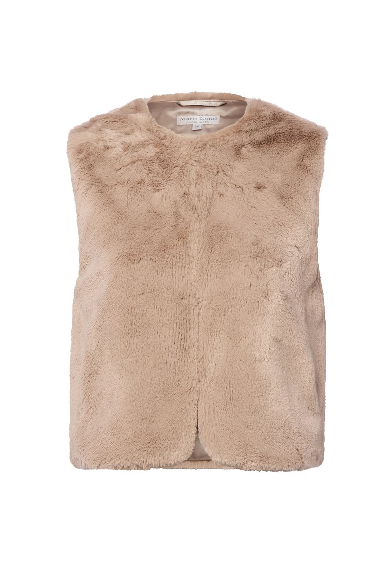 Beige Kunstfell-Weste mit rundem Ausschnitt, ohne Ärmel und glatter Textur. Die Vorderseite hat keine Verschlüsse und bietet ein minimalistisches Design.