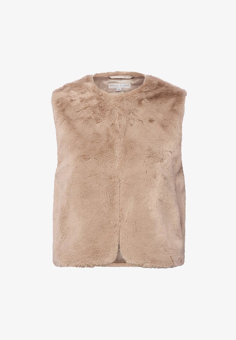 Beżowa kamizelka z futra syntetycznego, z okrągłym dekoltem, bez rękawów i gładką teksturą. Przód nie ma zapięć, co zapewnia minimalistyczny design.