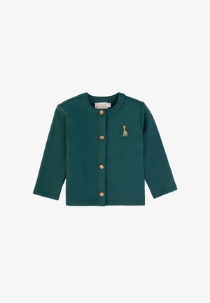 Cardigan verde a maniche lunghe realizzato in morbido tessuto, con scollatura rotonda, bottoni in legno e un piccolo ricamo di giraffa dorata.