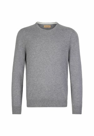 Szary sweter z długimi rękawami, wykonany z miękkiego materiału dzianinowego. Okrągły dekolt, ściągacze na mankietach i dole, z prostym i eleganckim wzorem.