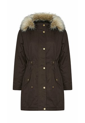 Donkerbruine winterparka met knopen aan de voorkant, een trekkoord in de taille, klepzakken en een beige nepbont trim op de capuchon.