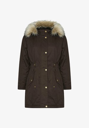Dark brown winter parka with front buttons, drawstring waist, flap pockets, and beige faux fur trim on the hood.