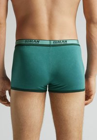 Hombre de pie de espaldas, vistiendo calzoncillos verdes con cintura y detalles de dobladillo verde oscuro.