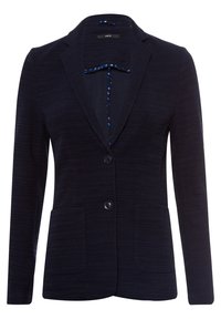 Blazer bleu marine en tissu texturé, doté d'un col à revers cranté, de deux poches avant et d'une fermeture frontale à boutons avec une doublure à motif.