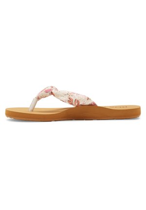 Flip-flop sandal med en stofrem i blomsterprint i pink og beige på en struktureret lysebrun ydersål. Letvægts- og fleksibelt design.