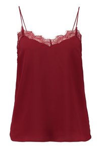 Camisola rossa con pizzo lungo il collo; spalline sottili e regolabili; tessuto morbido e leggero; dettaglio in pizzo scallopato lungo i bordi.
