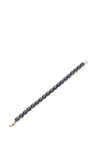 Bracciale color oro con pietre ovali blu collegate e finitura lucida, progettato come un bracciale continuo con una chiusura sicura.