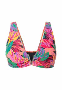 Multikleuren bikini-top met een gedurfde tropische bladerenprint in roze, groen en geel. Diepe V-hals ontwerp met geplooide stof en een zilveren accent.