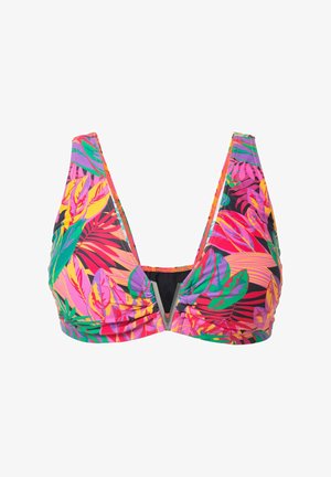 Top de bikini multicolor con un llamativo patrón de hojas tropicales en rosa, verde y amarillo. Diseño de escote en V profundo con tela fruncida y un acento plateado.
