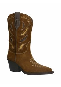 Botte de cowboy en daim marron avec un embout pointu, découpes décoratives et coutures blanches. Elle présente un talon empilé et des motifs accentués sur la tige.