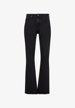 Melnas denima flared bikses ar augsto jostasvietu, piecu kabatu dizainu un neapstrādātu apakšmalu. Ar pogu aizdari un tonālajām šuvēm visā biksu garumā.