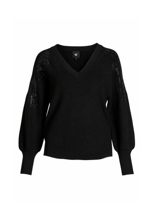 Mustast kudumist V-kaelusega kampsun, millel on pikad pöördsäärega varrukad ja õrnalt sädelevate litritega kaunistatud ülajäsemed.