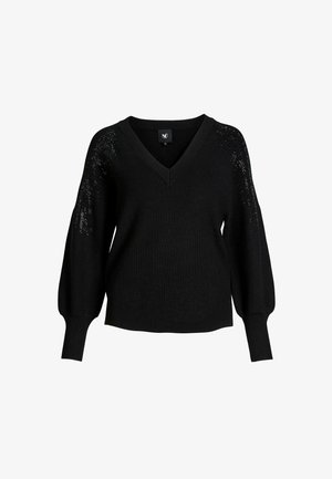 Mustast kudumist V-kaelusega kampsun, millel on pikad pöördsäärega varrukad ja õrnalt sädelevate litritega kaunistatud ülajäsemed.