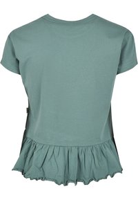 Grön bomullströja med korta ärmar, med en utsvängd volangnert. Enkelt design med en mjuk textur och inga synliga mönster eller dekorationer.