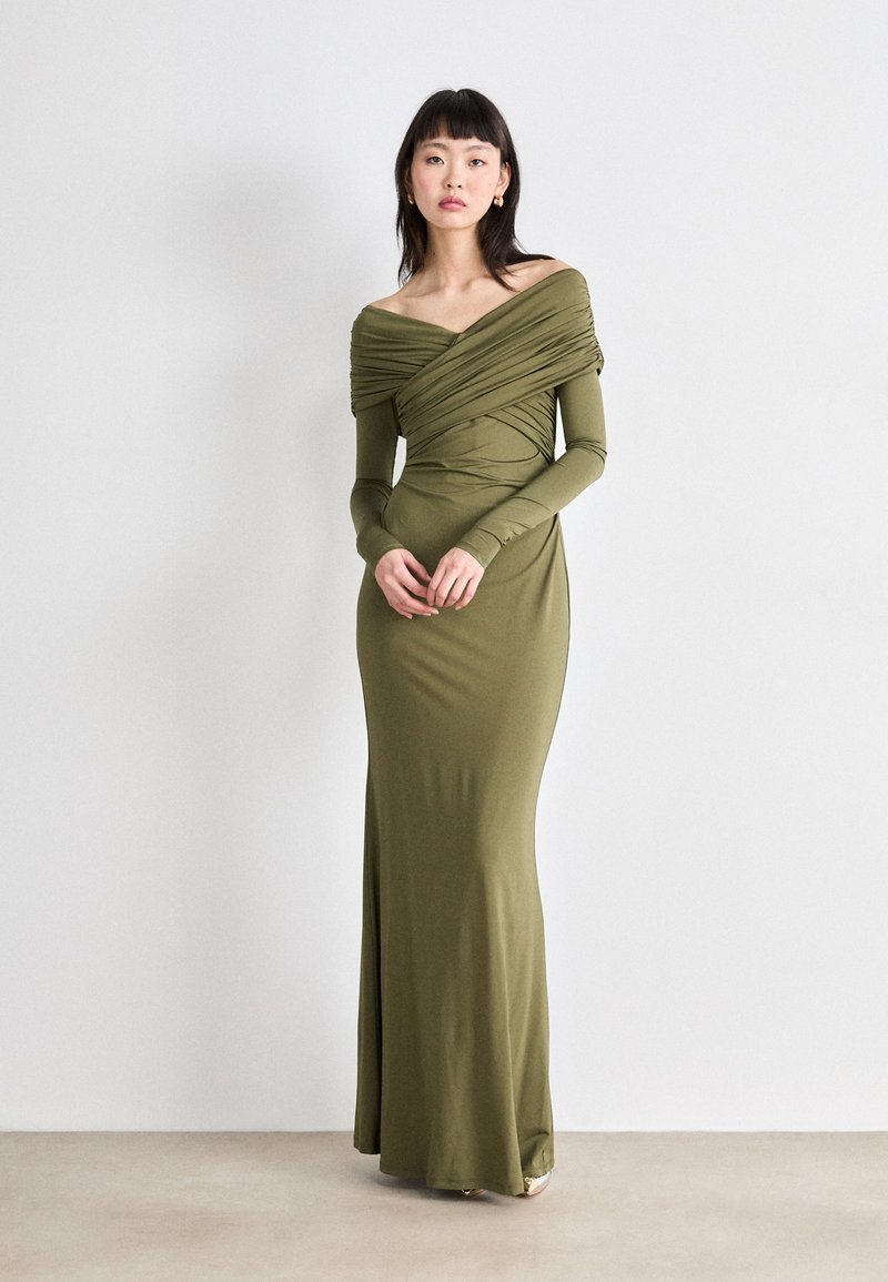 strapless open back dress Simple A-Line Olive Green Satin Long Prom Dress, Olive Green Long Form –  shopluu main image 1
