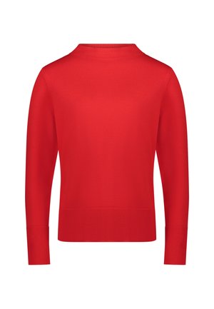 Pull-over rouge uni à manches longues avec poignets, ourlet et encolure ras-du-cou côtelés, présenté sur un fond blanc.