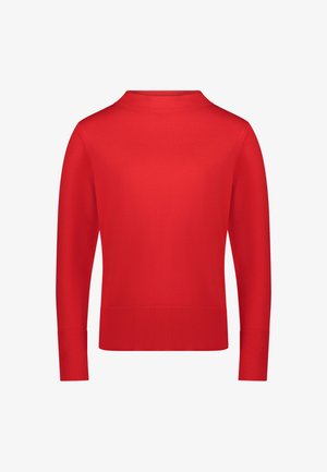 Pull-over rouge uni à manches longues avec poignets, ourlet et encolure ras-du-cou côtelés, présenté sur un fond blanc.