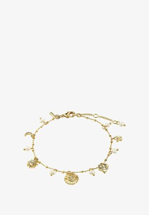 Zlata verižica zapestnice z rožnatimi obeski, biseri in poudarkom v obliki lune, z zaponko rakovice in nastavljivo dolžino.