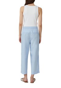 Pantalons larges bleu clair, avec une texture lisse, une taille élastique et deux poches arrière, associés à un débardeur blanc.