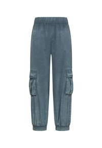Jasnoniebieskie spodnie cargo wykonane z miękkiego materiału, z elastycznym paskiem w talii, bocznymi kieszeniami i zwężanymi mankietami przy kostkach.