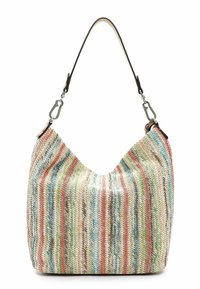 Sac tissé multicolore avec une forme hobo, présentant un tissu texturé, un motif rayé dans des couleurs pastel, et une silhouette arrondie et douce.