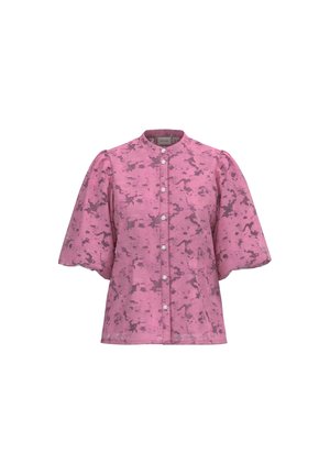 Kortärmad skjorta med knappar i ljusrosa med en strukturerad, marmoriserad mönster och ståkrage. Har puffärm och fem knappar.