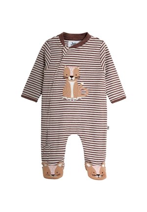Peto para bebé de rayas marrones y blancas con mangas largas, con un gato bordado en el pecho y caras de gato en los pies.