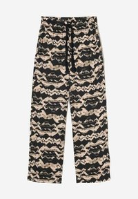 Pantalons à motif noir et beige avec taille élastique et cordon de serrage, présentant un design en vagues et une coupe décontractée à jambe large.