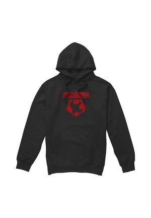 Black hoodie with front pocket featuring red "PEACEMAKER" text and stylized bird logo inside a pentagon shape on the chest.