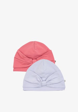 To bløde stofhovedtørklæder i pink og lys lilla, hver med en bred, plisseret sløjfe foran.