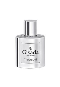 Gisada Titanium perfume bottle with a cylindrical clear glass body, metal silver cap, and label featuring black text on a white background.