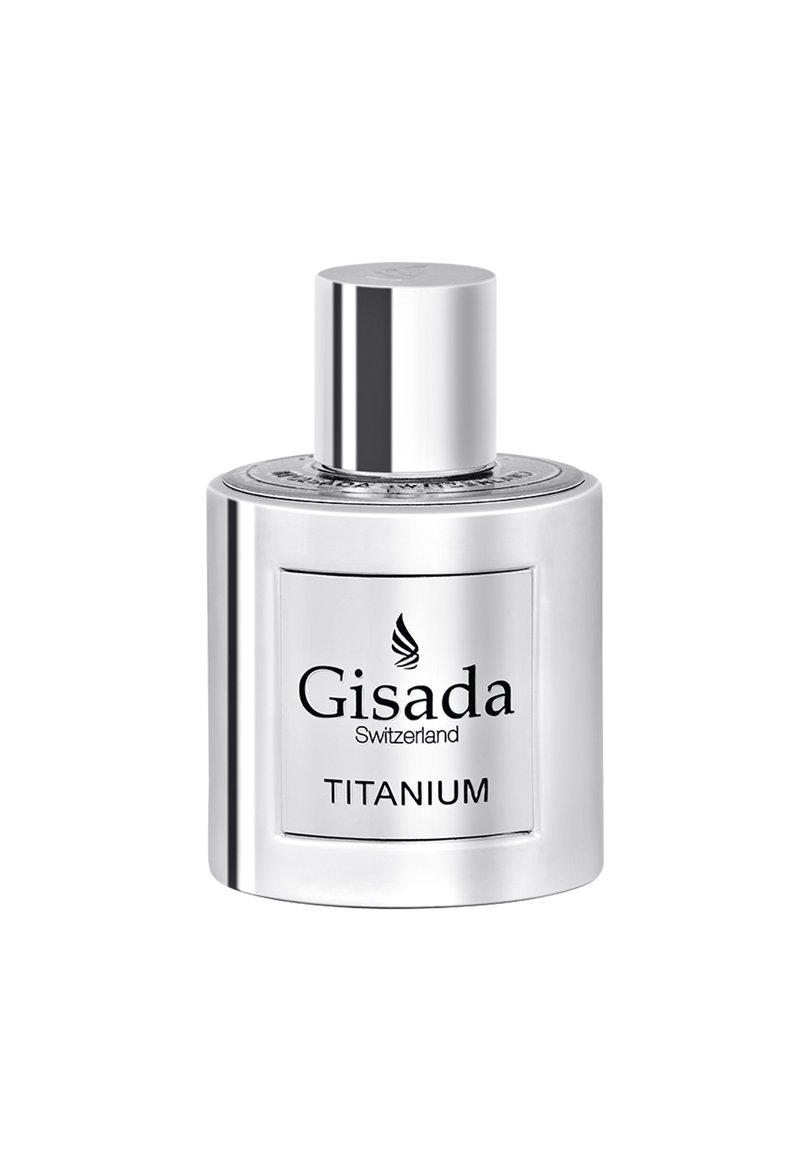 Gisada Titanium perfume bottle with a cylindrical clear glass body, metal silver cap, and label featuring black text on a white background.