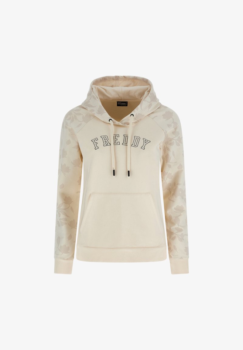 Sweat à capuche beige avec manches à motif floral, poche kangourou à l'avant, cordons de serrage et texte "FREDDY" en lettres majuscules sur la poitrine.