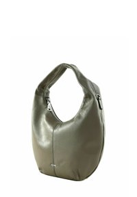 Sac hobo en cuir vert olive, avec une texture lisse et un design courbé et décontracté. Quincaillerie en argent accentue la fermeture éclair.