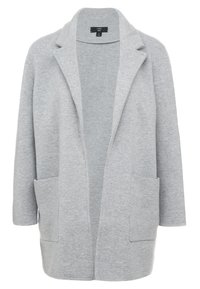 Texturerad grå cardigan med sjalkrage, öppen fram och två sidofickor. Tillverkad av ett mjukt stickat material med en avslappnad passform.