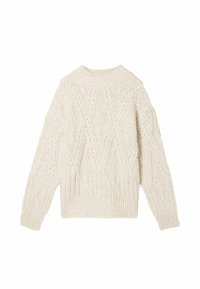 Hellbeiger, gestrickter Pullover mit einem gerippten Halsausschnitt, langen Ärmeln und einem Rautenmuster über den gesamten Körper.