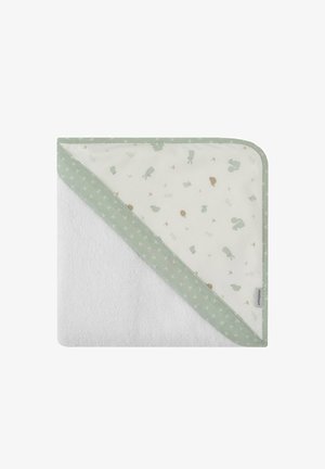 Toalla con capucha de base de rizo blanco y capucha de tela verde menta con patrones de animales y pequeños acentos decorativos.