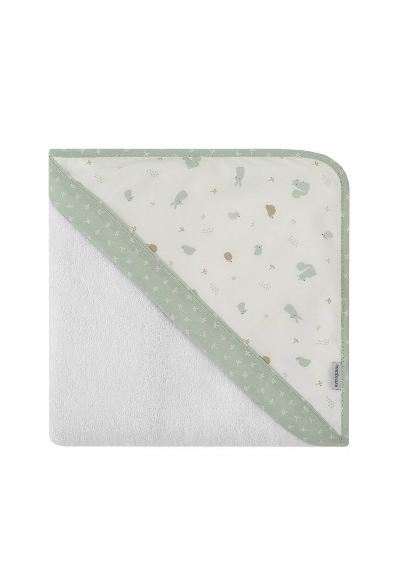 Toalla con capucha de base de rizo blanco y capucha de tela verde menta con patrones de animales y pequeños acentos decorativos.