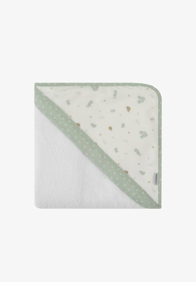 Toalla con capucha de base de rizo blanco y capucha de tela verde menta con patrones de animales y pequeños acentos decorativos.
