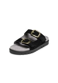Black suede sandals with two wide straps and gold buckles, featuring a textured grey insole and a sturdy black outsole.