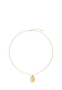 Gouden ketting met een fijne kralenketting en een hanger met een gegolfd ontwerp en kleine ingelegde details.