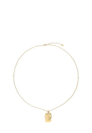 Gouden ketting met een fijne kralenketting en een hanger met een gegolfd ontwerp en kleine ingelegde details.