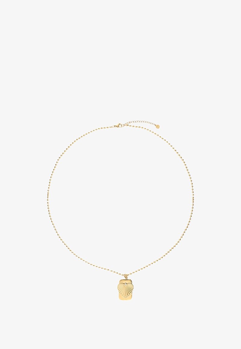 Gouden ketting met een fijne kralenketting en een hanger met een gegolfd ontwerp en kleine ingelegde details.