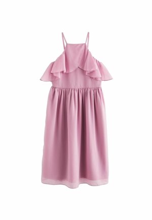 Robe rose sans manches avec bretelles fines et détails de volants superposés sur la poitrine et les épaules, taille froncée et jupe fluide.