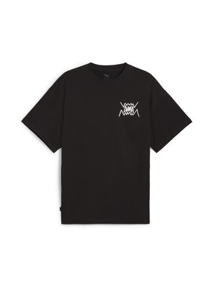 T-shirt en coton noir avec un col rond et des manches courtes. Présente un logo graphique blanc sur la zone de la poitrine gauche.