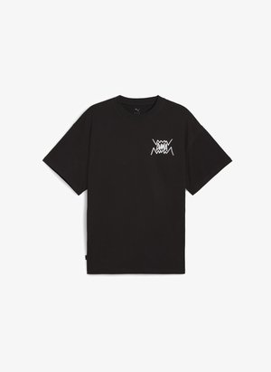 Fekete pamut póló kerek nyakkivágással és rövid ujjal. A bal melle részén fehér grafikai logó található.