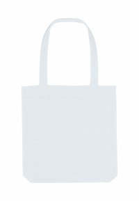 Eenvoudige witte herbruikbare tas met twee handvatten, gemaakt van stof, tegen een witte achtergrond.