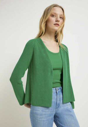 Grüne Strickjacke mit langen Ärmeln, offenes Frontdesign, strukturierte Muster und begleitet von einem passenden grünen Oberteil sowie hellblauen Jeans.