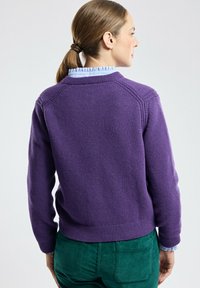 Maglione viola lavorato a maglia con tessuto testurizzato e orlo a coste, indossato sopra una camicia azzurra a colletto, abbinato a pantaloni in velluto a coste verde.