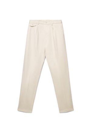 Beige high-waist trousers with a front button, belt loops, pleats, and a small flap pocket on the right side.